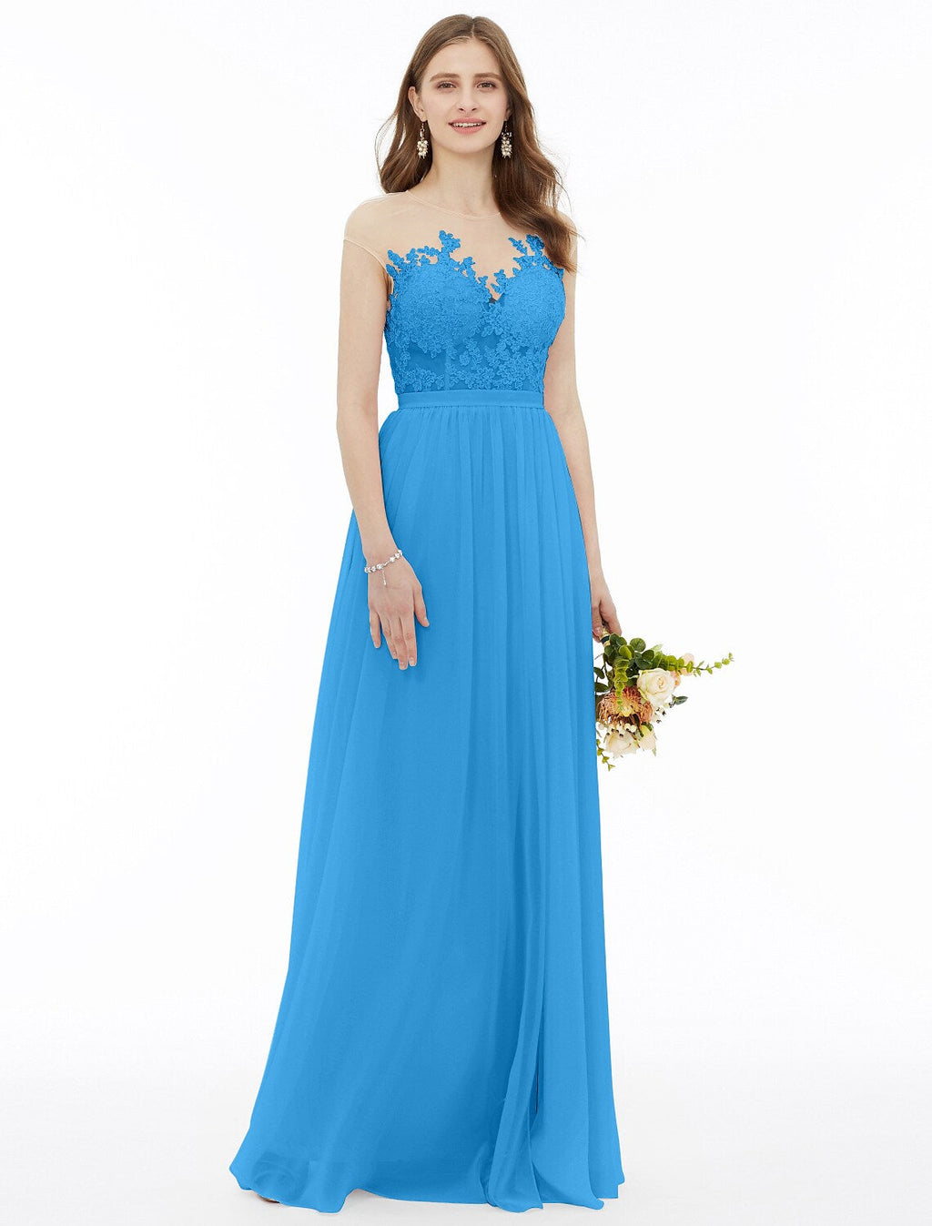 Bridesmaid Dress Sleeveless Floor Length Floral Sash Ribbon Appliques