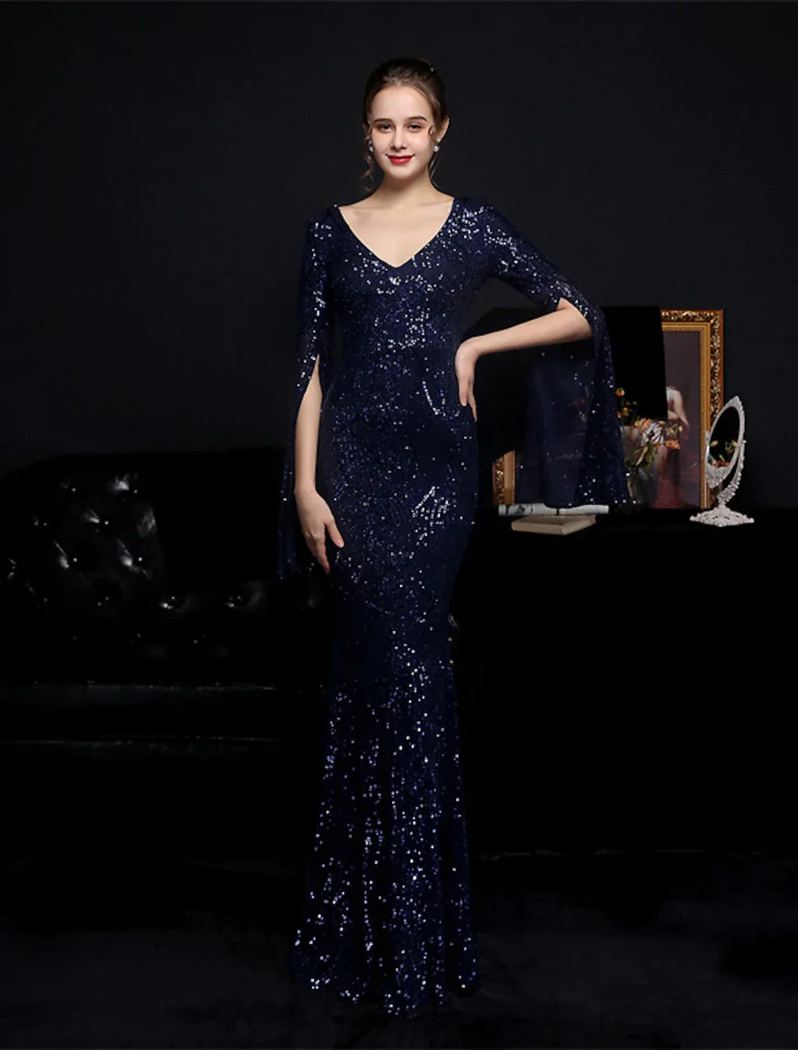 Mermaid / Trumpet Evening Gown Sparkle & Shine Dress Formal Floor Length Long Sleeve V Neck