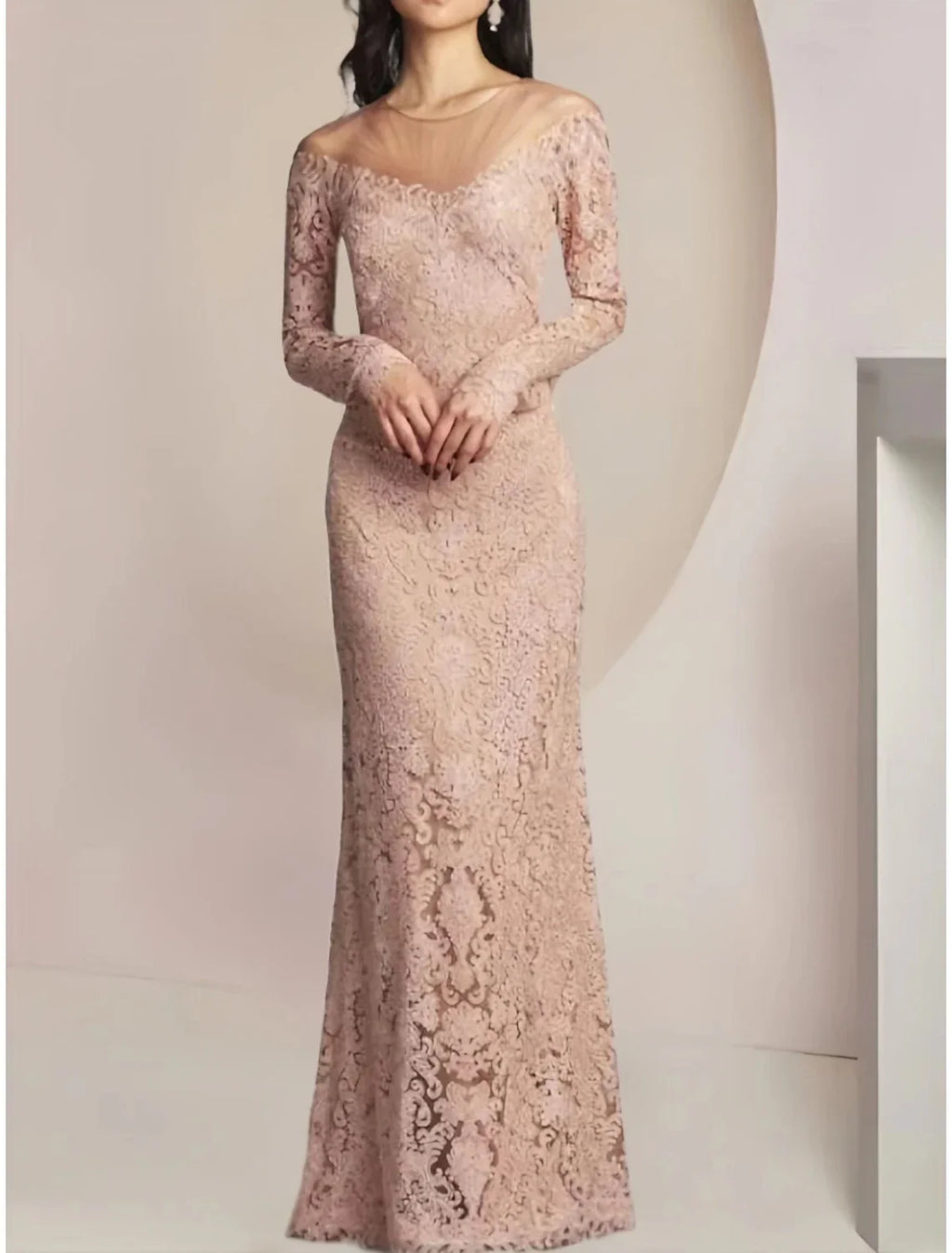Sheath / Column Mother of the Bride Dress Wedding Guest Elegant Illusion Neck Floor Length Long Sleeve with Solid Color