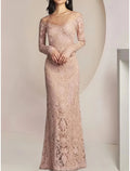 Sheath / Column Mother of the Bride Dress Wedding Guest Elegant Illusion Neck Floor Length Long Sleeve with Solid Color