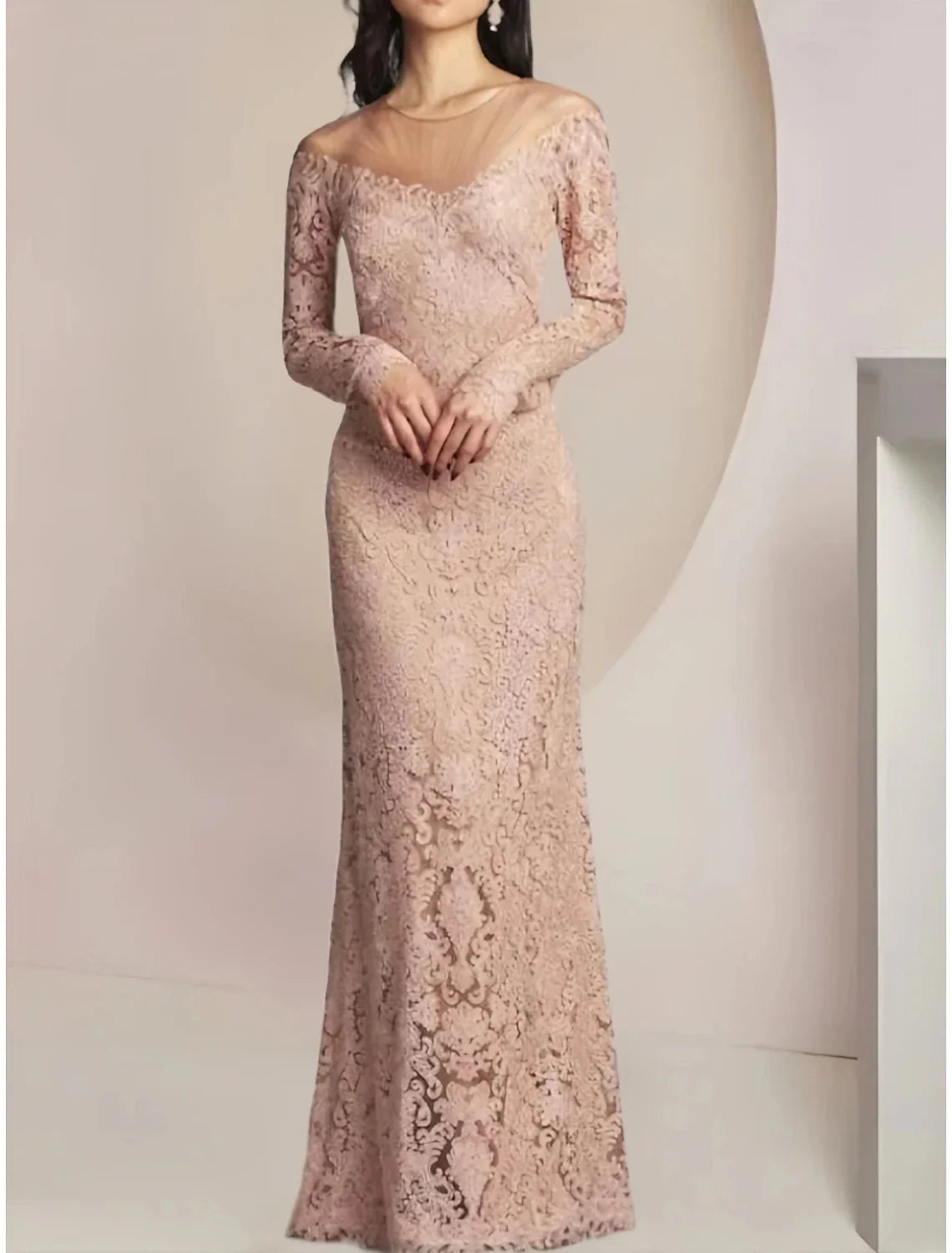 Sheath / Column Mother of the Bride Dress Wedding Guest Elegant Illusion Neck Floor Length Long Sleeve with Solid Color