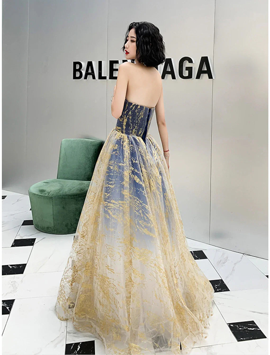 Color Block Sparkle Engagement Prom Dress Strapless Sleeveless Floor Length