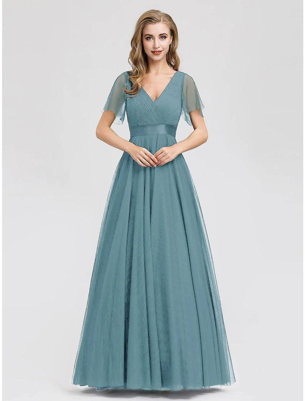 Graduation Floor Length Short Sleeve V Neck V Back with Ruched Ruffles