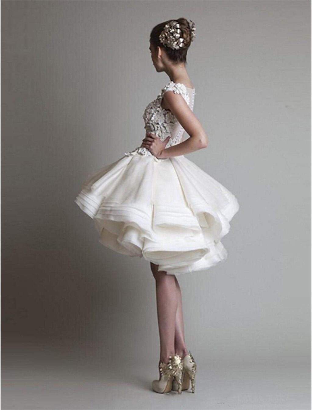 White Ball Gown Floral Little Dresses Puffy Homecoming Cocktail Party Valentine's Day Dress Jewel Neck Sleeveless Short / Mini with Tier Appliques Shouder Flower