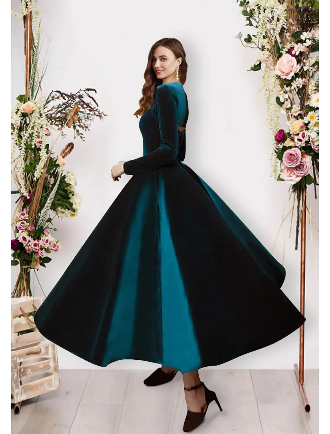 Ball Gown Evening Gown Vintage Dress Prom Ankle Length Long Sleeve Square Neck