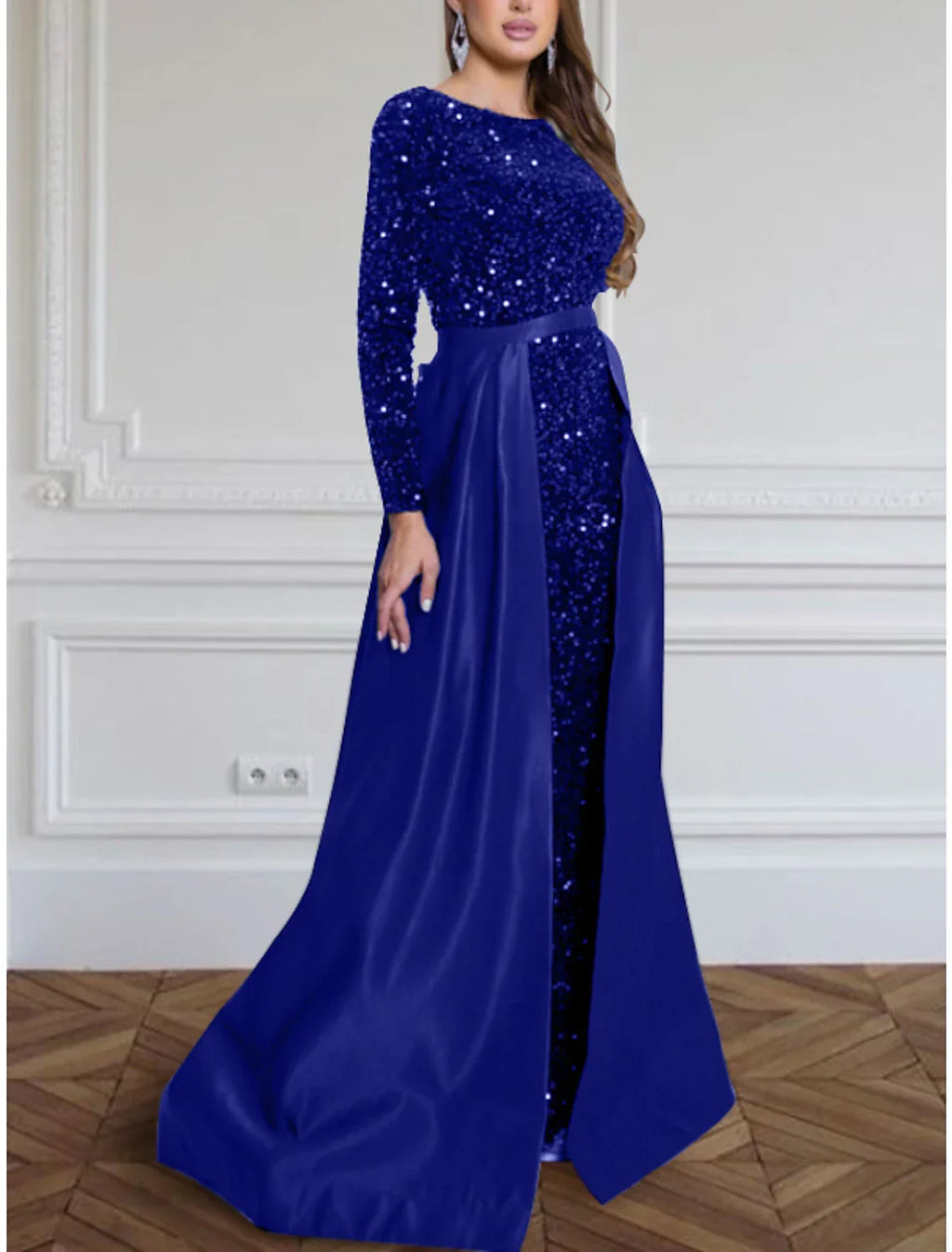 Black Evening Gown Sparkle & Shine Dress Plus Size Formal Fall Sweep / Brush Train Long Sleeve Jewel Neck with Glitter Pleats