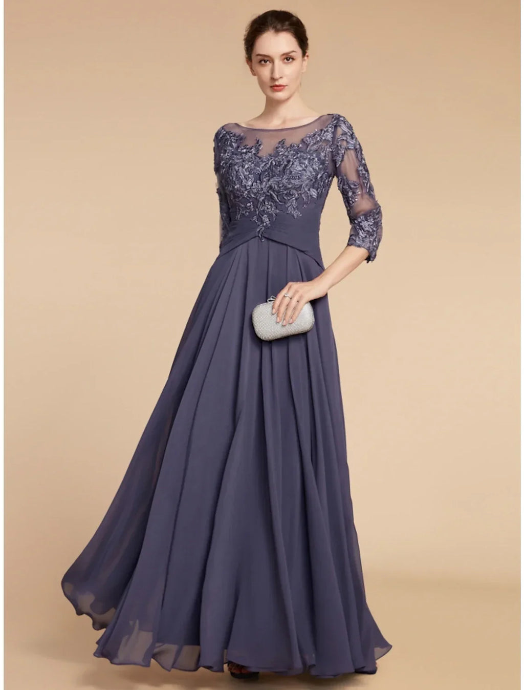 Mother of the Bride Dress Wedding Guest Elegant Scoop Neck Floor Length 3/4 Length Sleeve with Ruching Solid Color