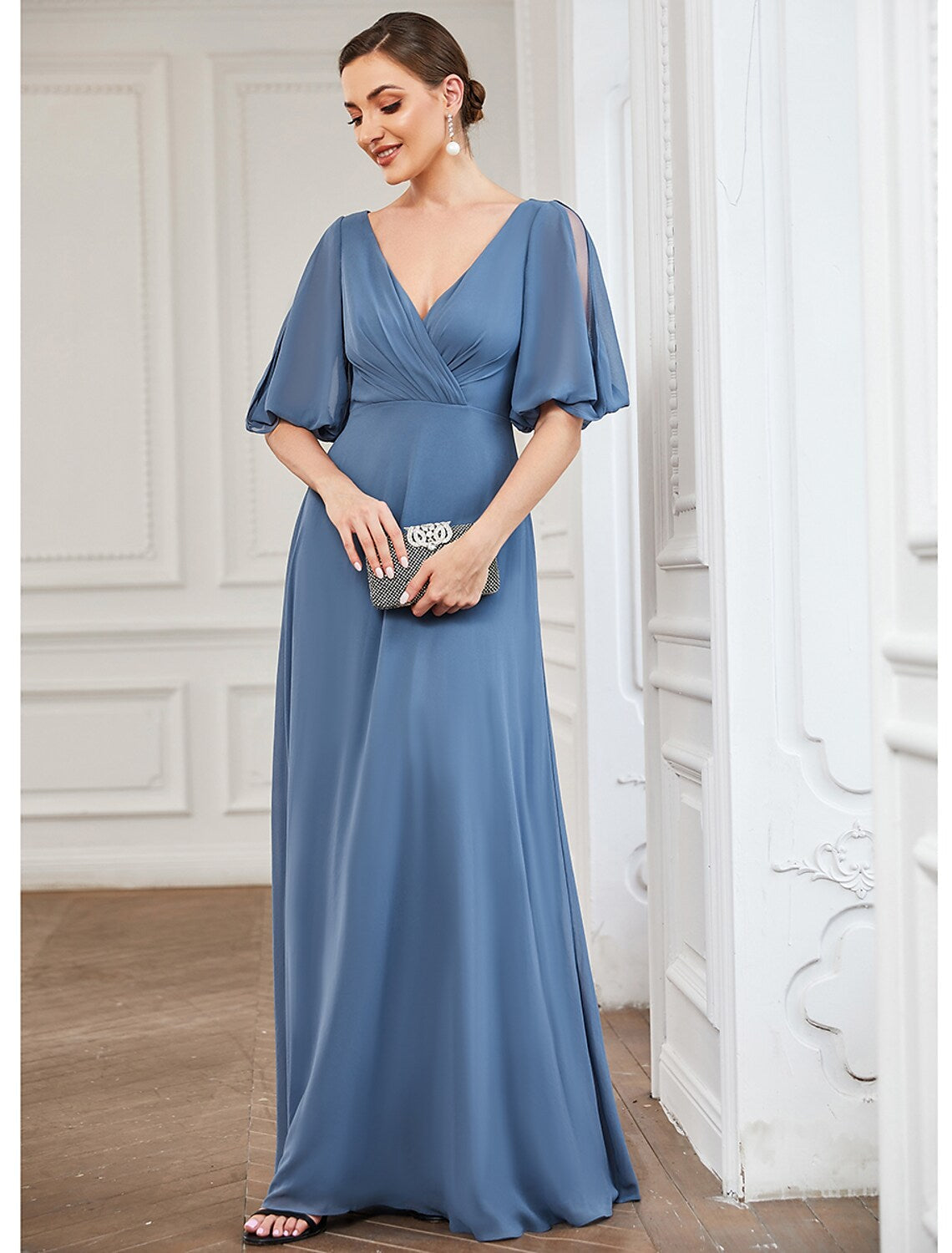 Evening Gown Dress Wedding Guest Floor Length Half Sleeve V Neck with Pleats