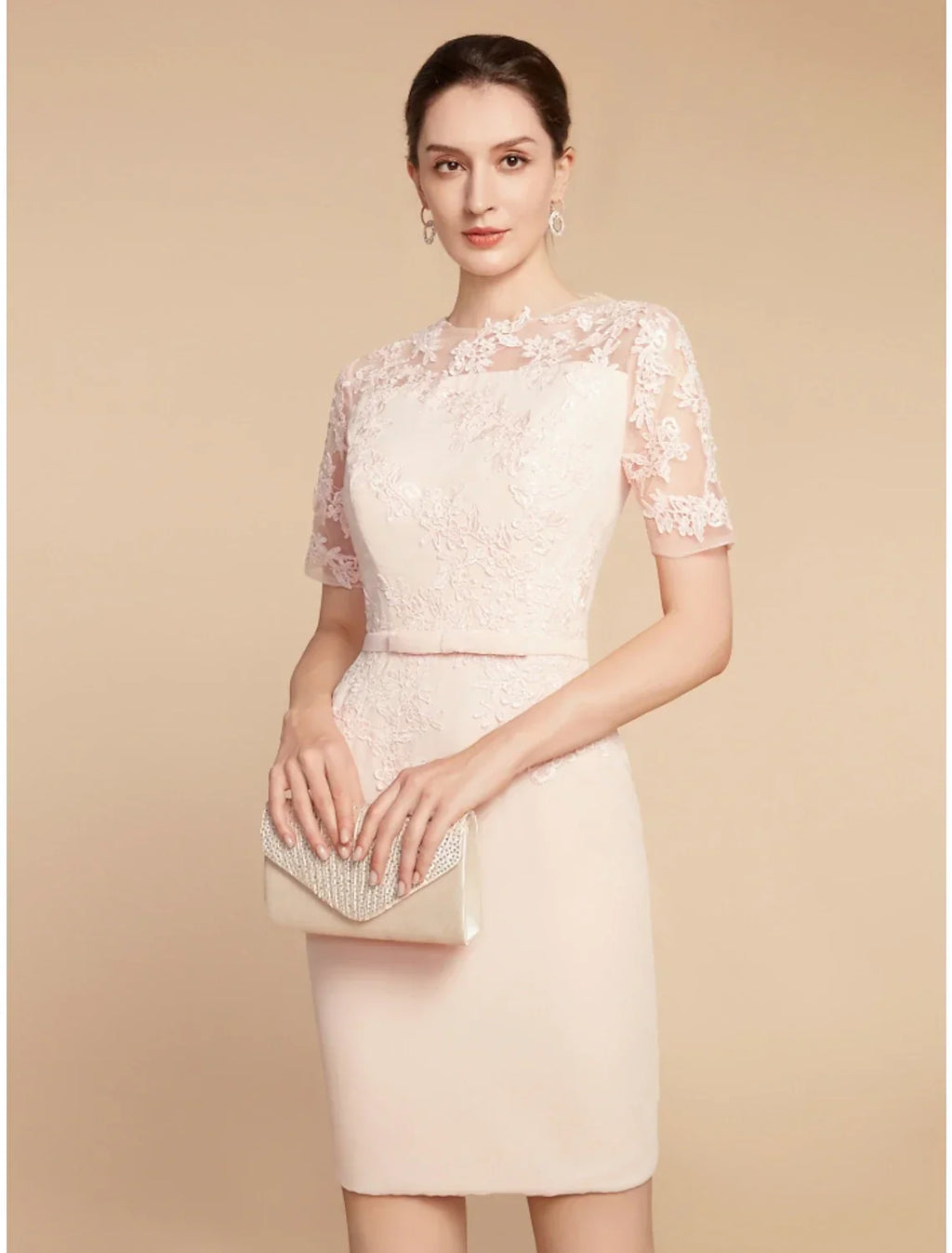 Two Piece A-Line Mother of the Bride Dress Wedding Guest Elegant Petite Jewel Neck Short / Mini Fabric 3/4 Length Sleeve with Bow(s) Ruffles Solid Color