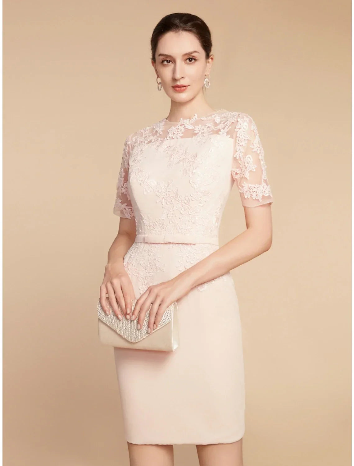 Two Piece A-Line Mother of the Bride Dress Wedding Guest Elegant Petite Jewel Neck Short / Mini Fabric 3/4 Length Sleeve with Bow(s) Ruffles Solid Color
