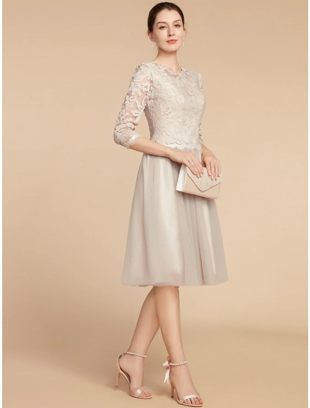 Mother of the Bride Dress Wedding Guest Elegant Petite Jewel Neck Knee Length Half Sleeve with Pleats Solid Color