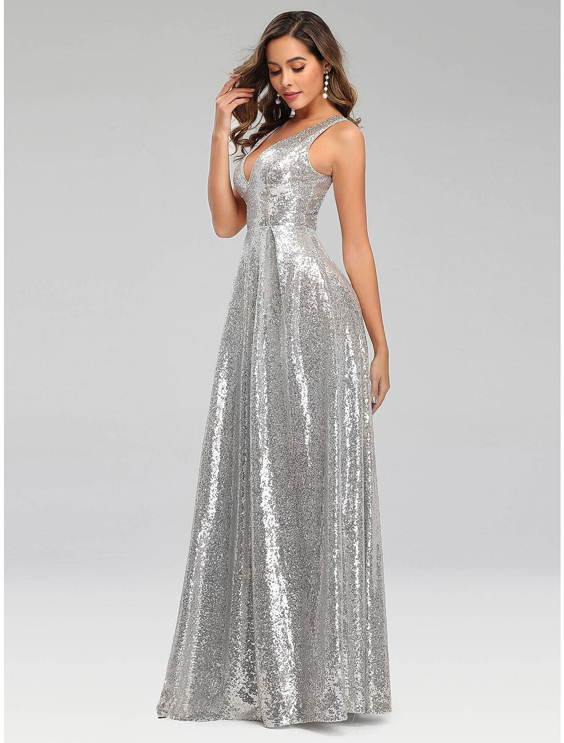 Sparkle Dress Wedding Guest Floor Length Sleeveless V Neck V Back