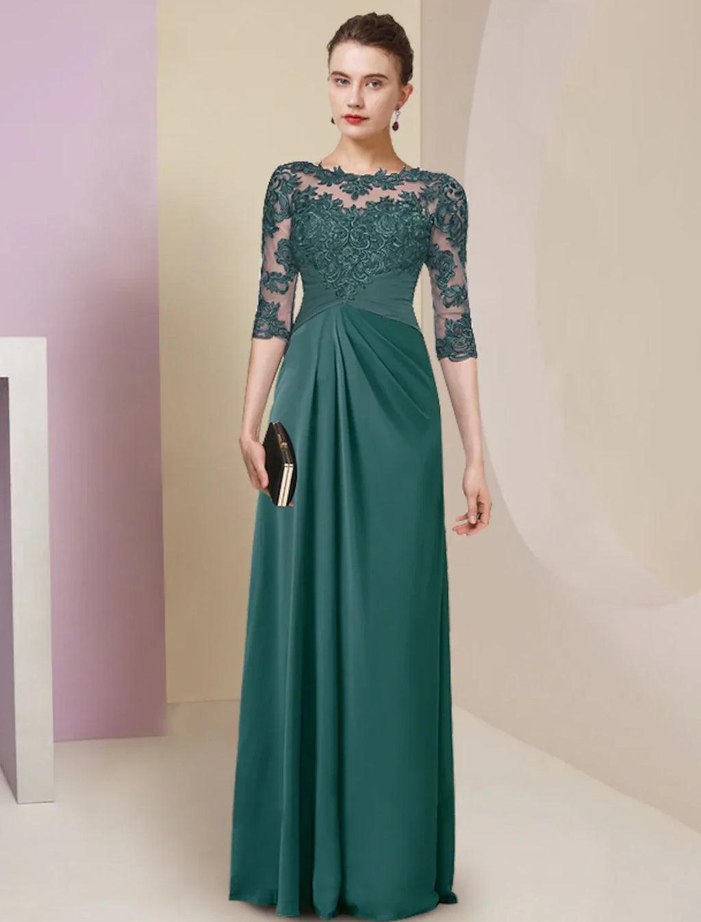 Sheath / Column Mother of the Bride Dress Simple Elegant Jewel Neck Floor Length Half Sleeve with Pleats Solid Color
