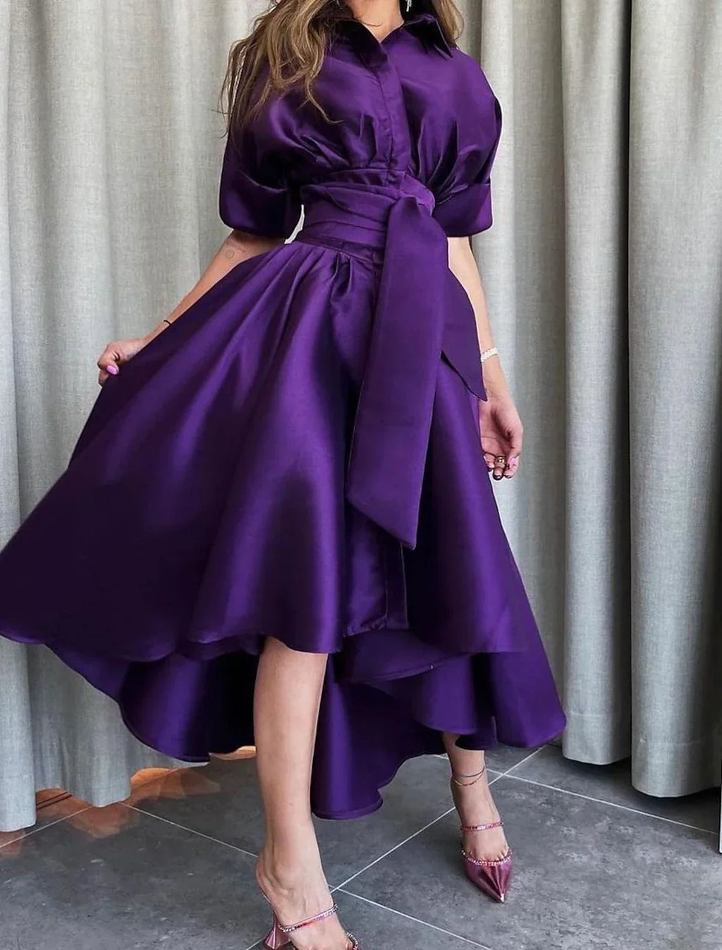 Evening Gown Elegant Dress Formal Asymmetrical Short Sleeve Shirt Collar with Strappy