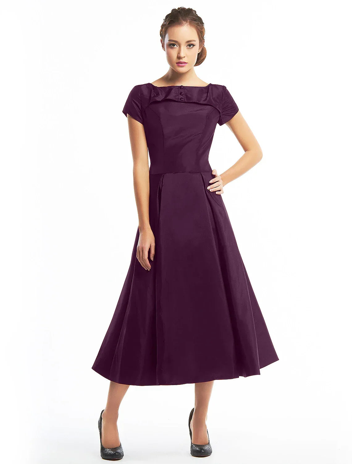 Vintage Dress Homecoming Tea Length Short Sleeve Boat Neck Taffeta with Buttons