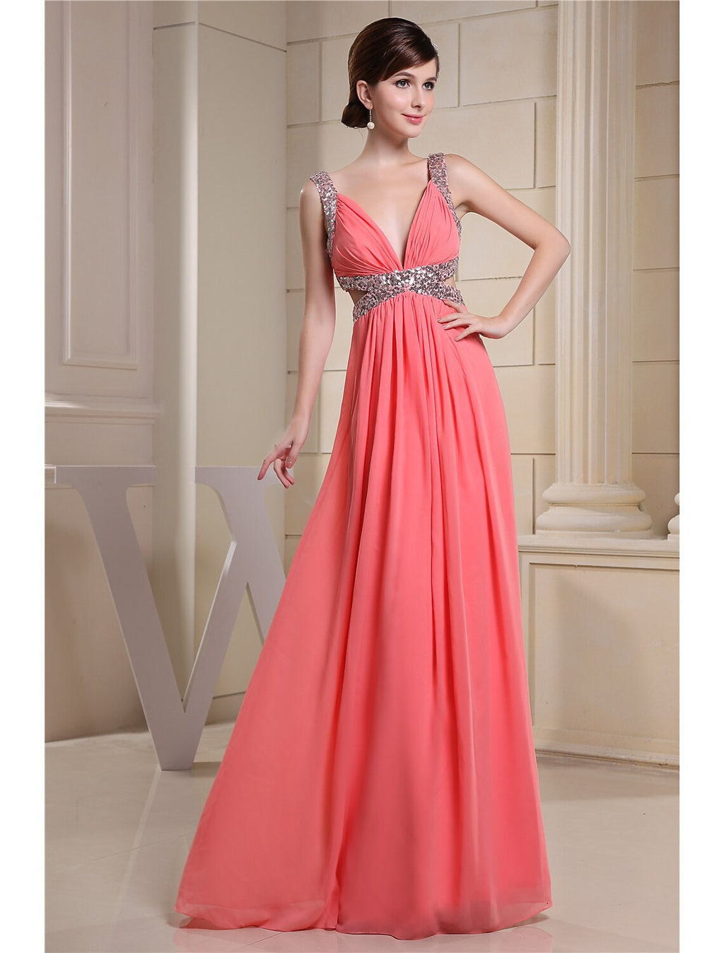 Evening Gown Sparkle Dress Engagement Floor Length Sleeveless V Neck with Pleats