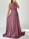 Black Evening Gown Elegant Dress Wedding Guest Tie Sweep / Brush Train Sleeveless One Shoulder Bridesmaid Dress with Ruched