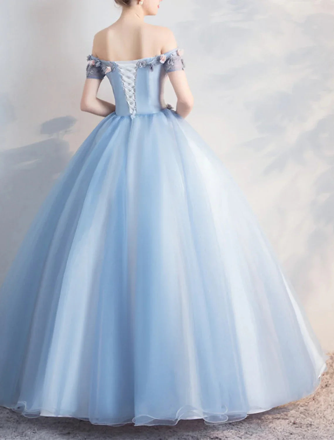 Ball Gown Floral Puffy Quinceanera Prom Dress Off Shoulder Short Sleeve Floor Length with Appliques
