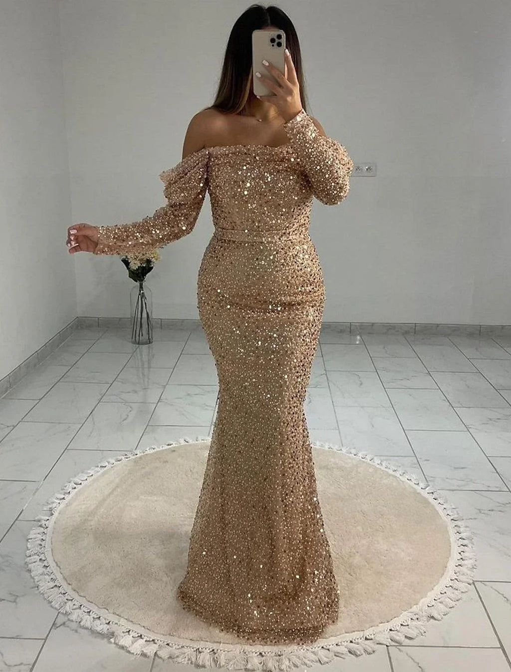 Black Mermaid / Trumpet Evening Gown Elegant Dress Wedding Tie Floor Length Long Sleeve Off Shoulder with Pearls