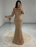Black Mermaid / Trumpet Evening Gown Elegant Dress Wedding Tie Floor Length Long Sleeve Off Shoulder with Pearls