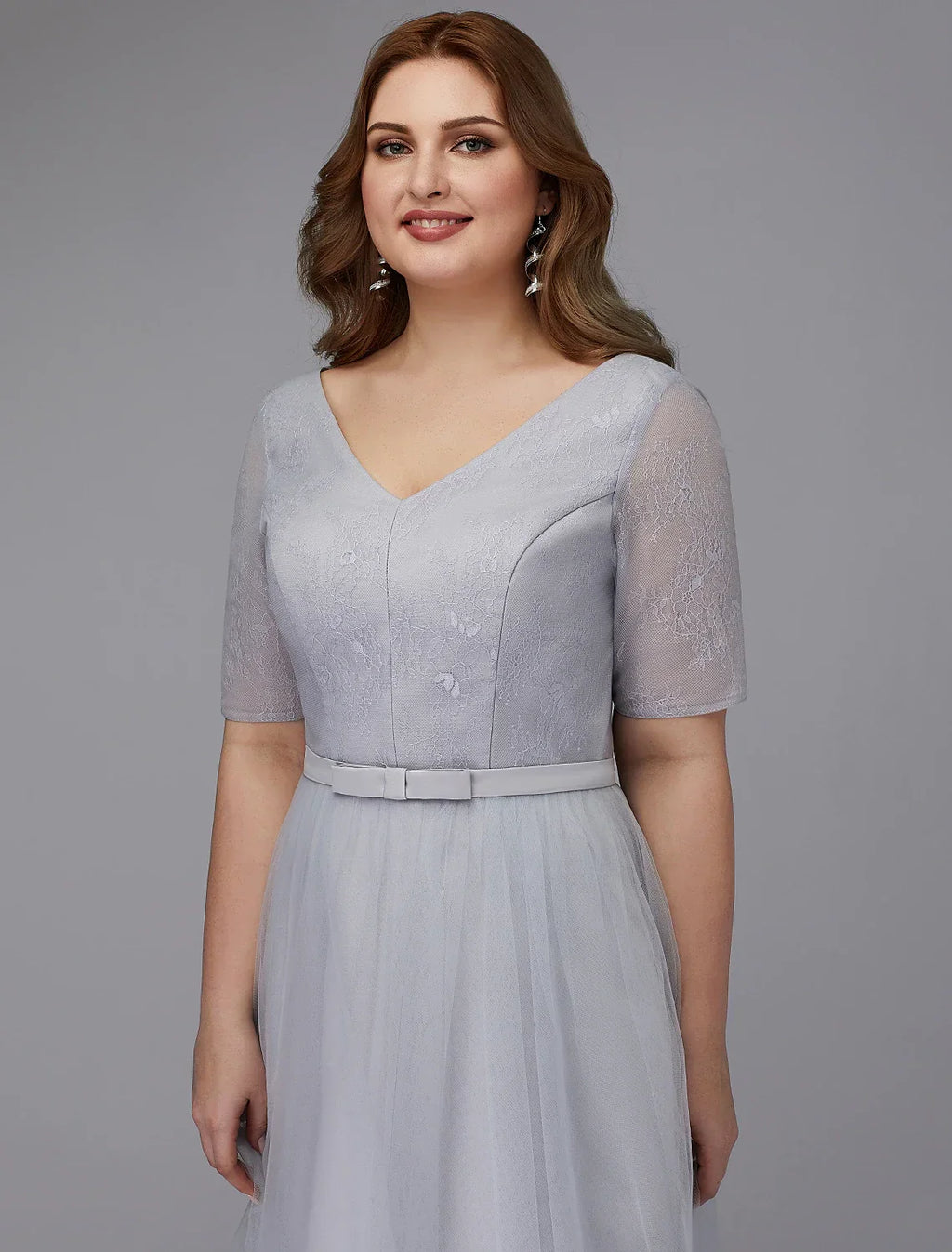 Wedding Guest Tea Length Short Sleeve V Neck Lace-up with Sash / Ribbon