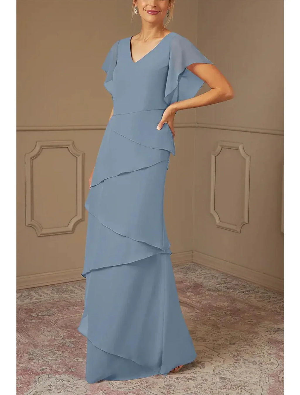 Mother of the Bride Dress Formal Wedding Guest Elegant V Neck Floor Length Half Sleeve Wrap Included with Cascading Ruffles Solid Color