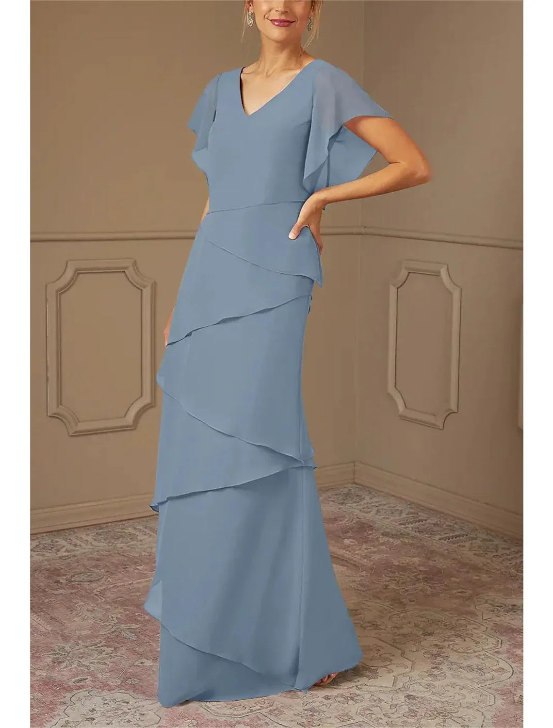 Mother of the Bride Dress Formal Wedding Guest Elegant V Neck Floor Length Half Sleeve Wrap Included with Cascading Ruffles Solid Color