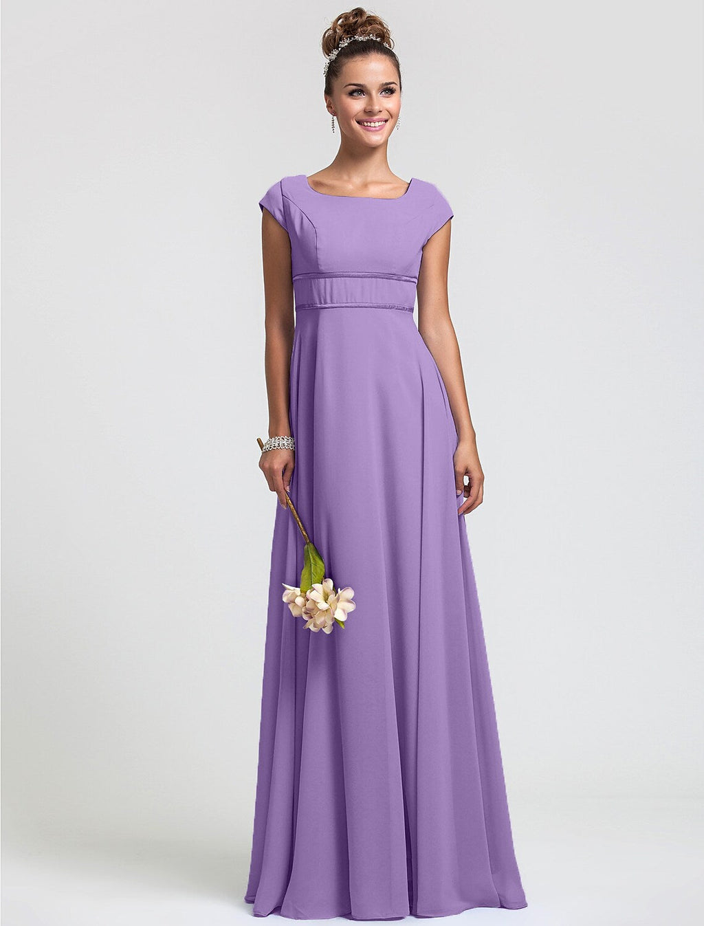 Bridesmaid Dress Square Neck Short Sleeve Elegant Floor Length with Sash Ribbon Pleat