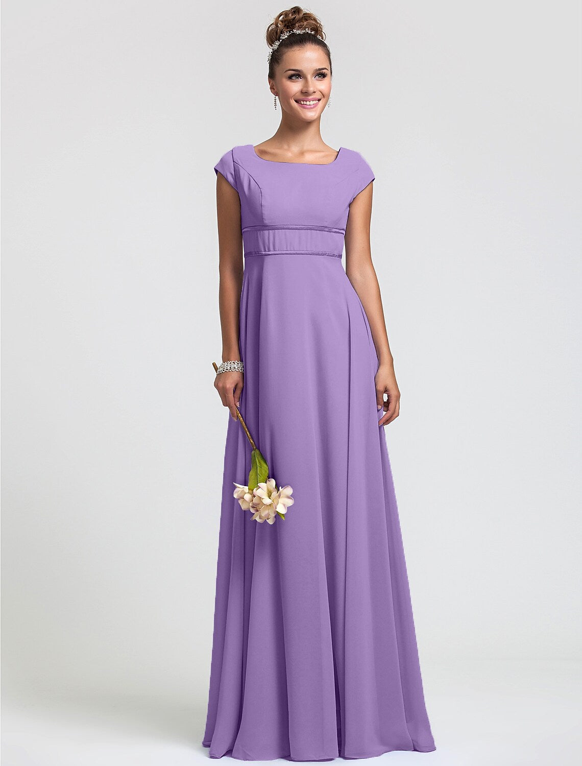 Bridesmaid Dress Square Neck Short Sleeve Elegant Floor Length with Sash Ribbon Pleat