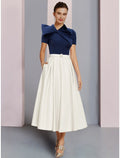 Mother of the Bride Dress Wedding Guest Elegant Jewel Neck Tea Length Short Sleeve with Bow(s) Crystal Brooch Ruching