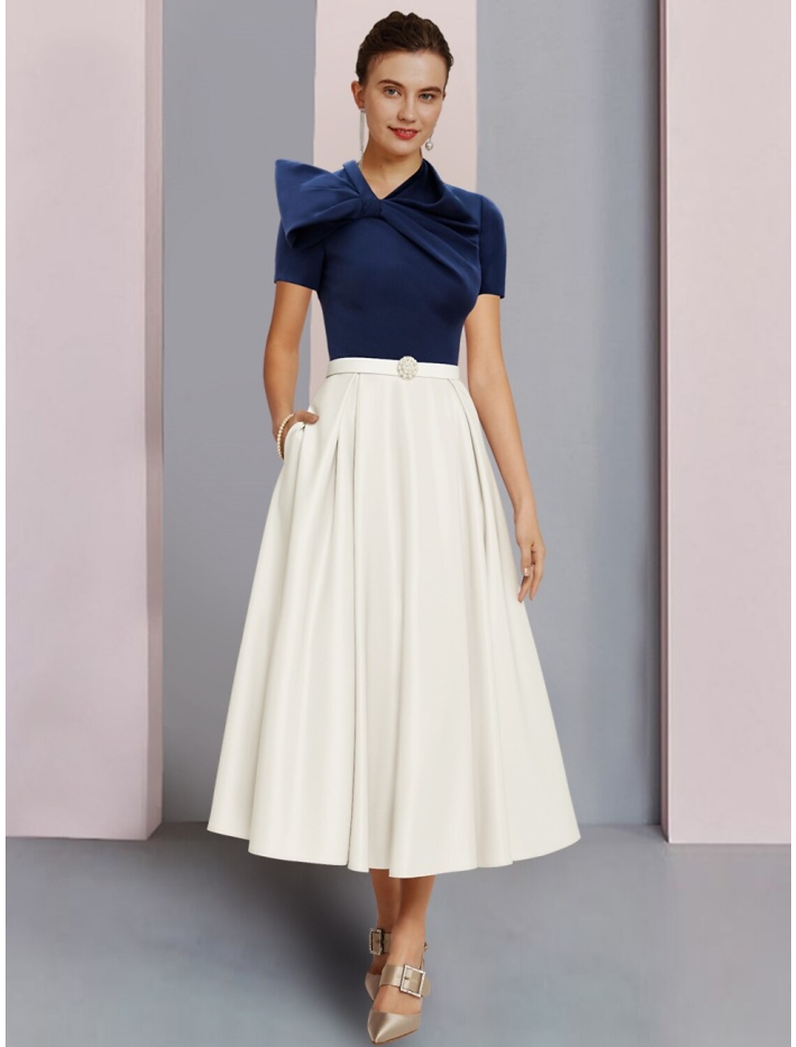 Mother of the Bride Dress Wedding Guest Elegant Jewel Neck Tea Length Short Sleeve with Bow(s) Crystal Brooch Ruching