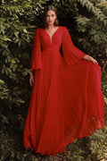 Red Prom Dress with Plunging V - Neck and Flared Sleeves