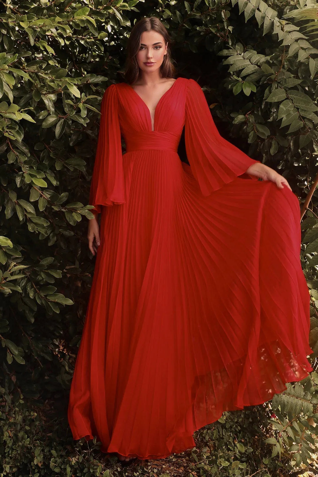 Red Prom Dress with Plunging V - Neck and Flared Sleeves