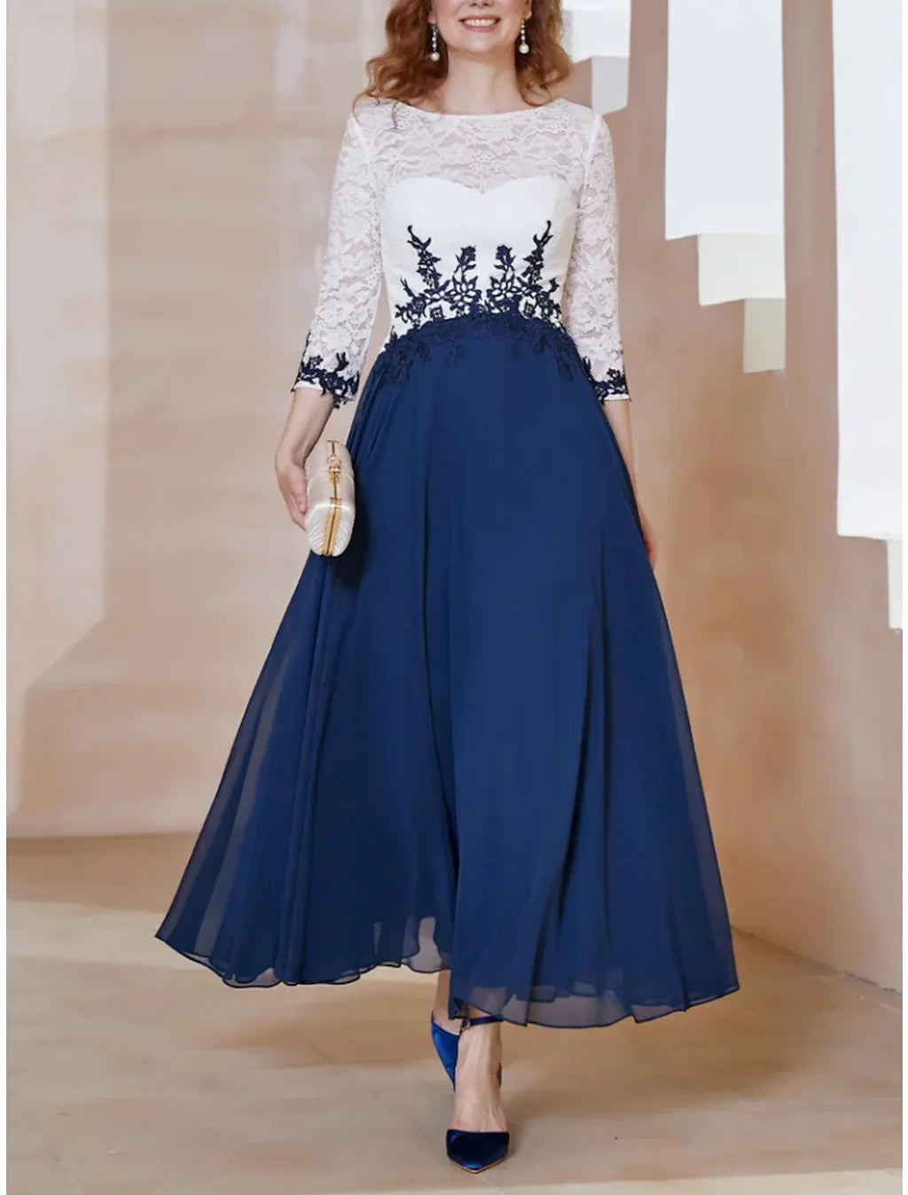 Mother of the Bride Dress Wedding Guest Elegant Scoop Neck Ankle Length 3/4 Length Sleeve with Ruching
