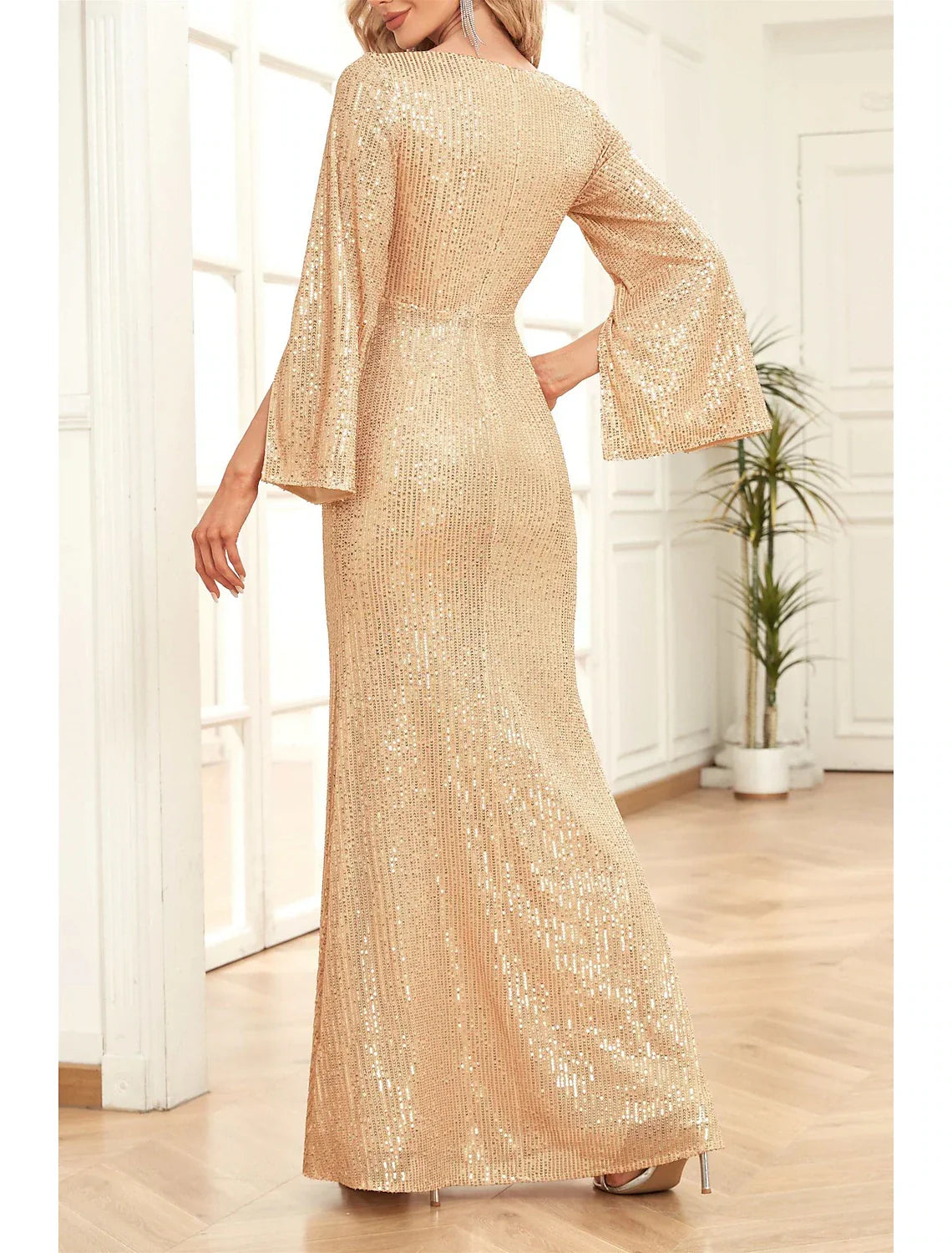 Mermaid / Trumpet Mother of the Bride Dress Wedding Guest Party Sparkle & Shine Scoop Neck V Neck Floor Length 3/4 Length Sleeve with Ruching Solid Color