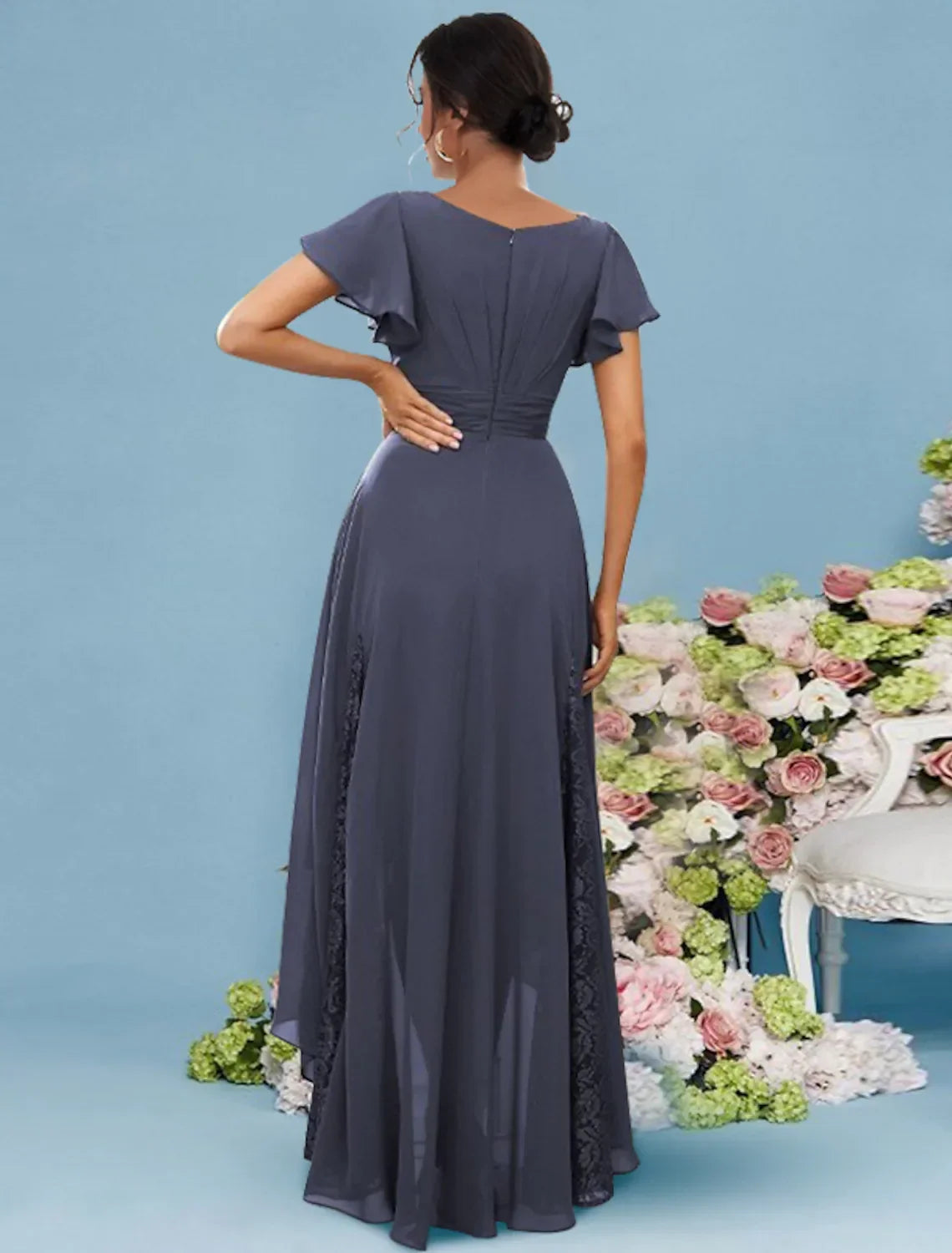 Bridesmaid Dress V Neck Sleeveless Sexy Asymmetrical Ankle Length with Ruffles