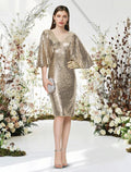 Sheath / Column Cocktail Dresses Glittering Dress Graduation Cocktail Party Knee Length Half Sleeve V Neck with Sleek