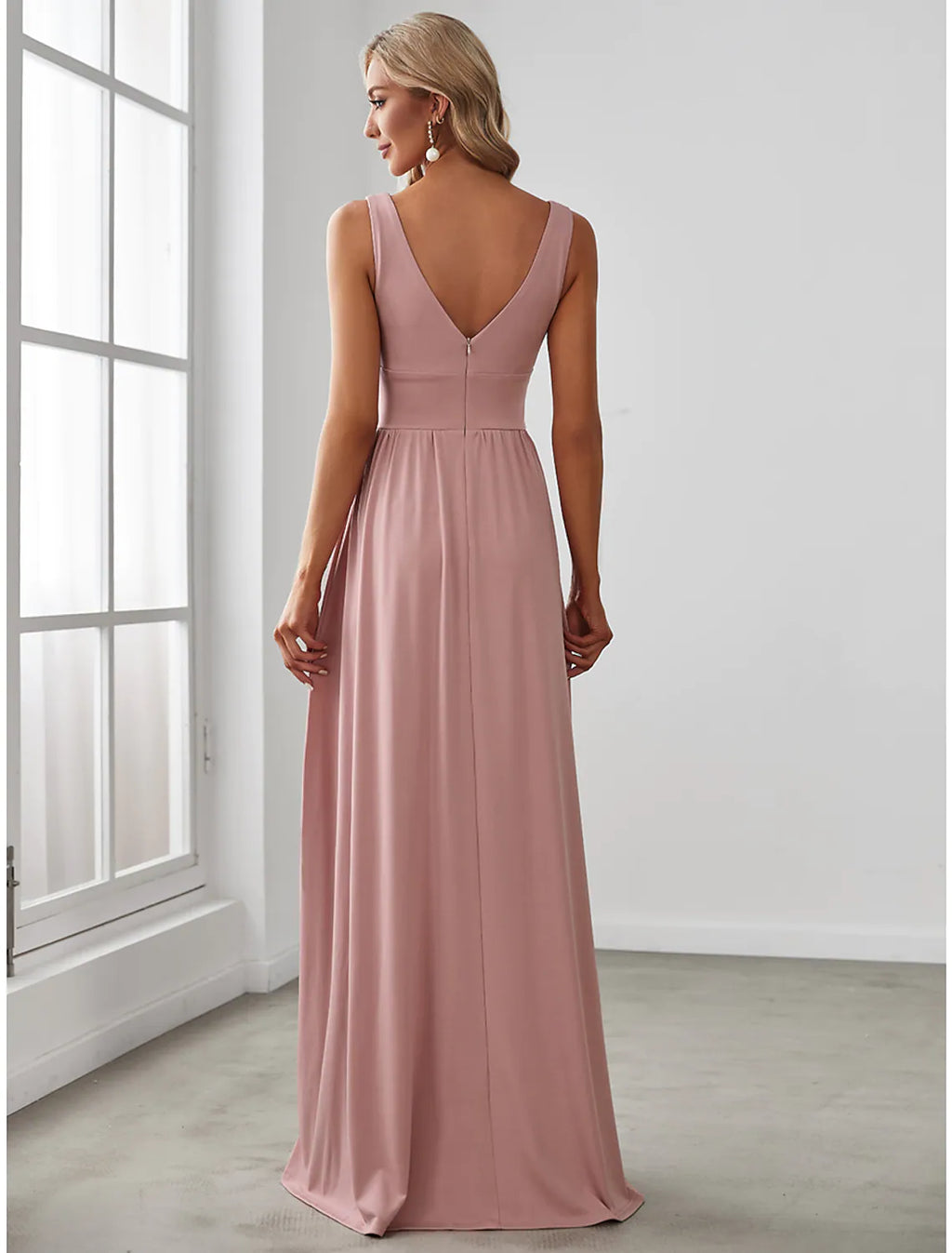 High Split Dress Wedding Guest Floor Length Sleeveless V Neck V Back with Slit