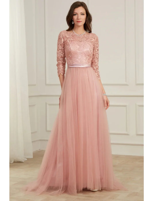 Elegant Red A-Line Classic-Neck Long-Sleeve Classic-Back Floor-Length Evening Dress