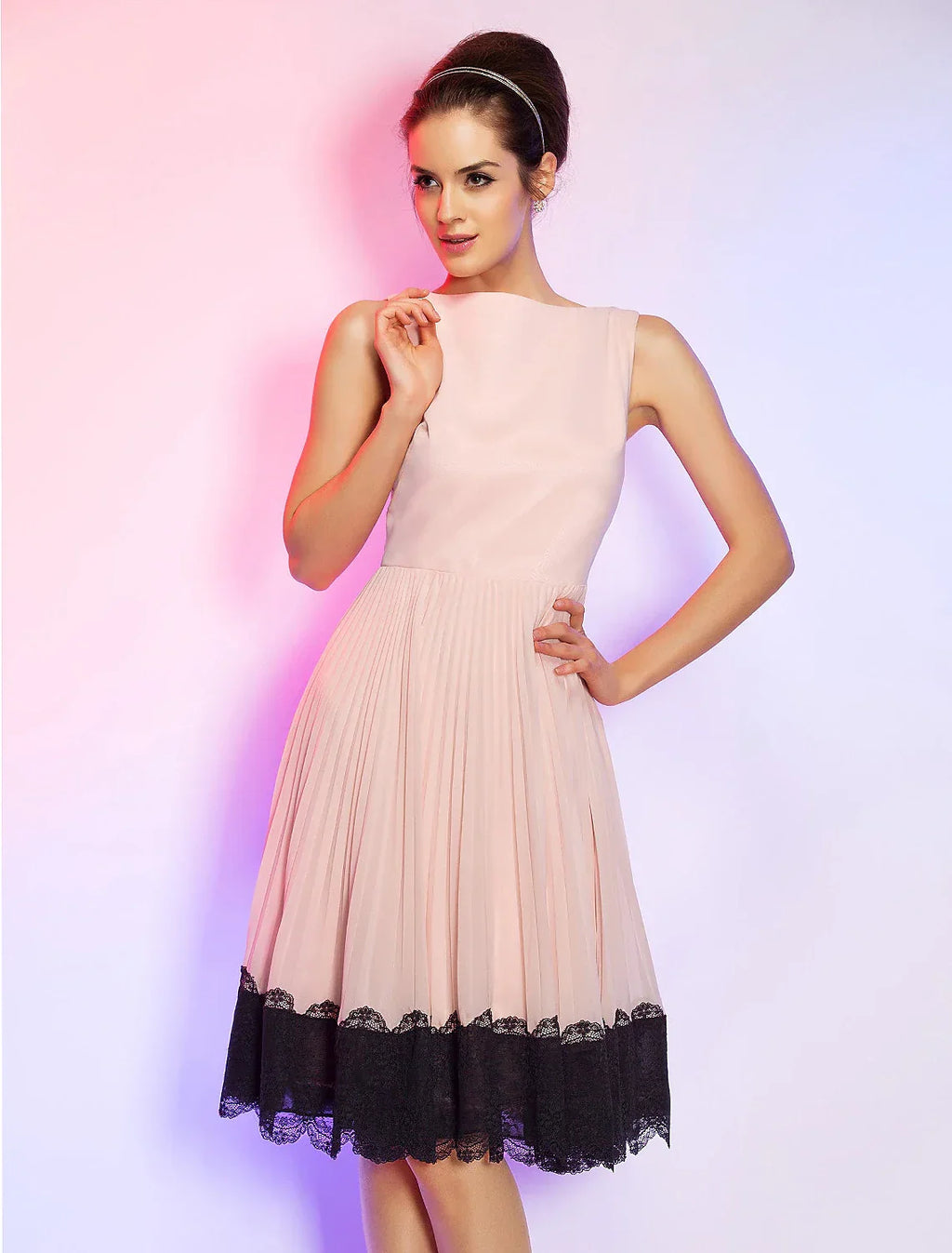 Pink Homecoming Knee Length Sleeveless Boat Neck Dress
