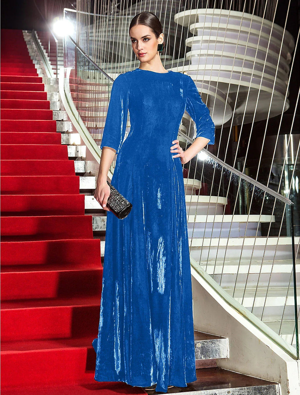 Celebrity Style Dress Wedding Guest Floor Length 3/4 Length Sleeve Jewel Neck with Pleats