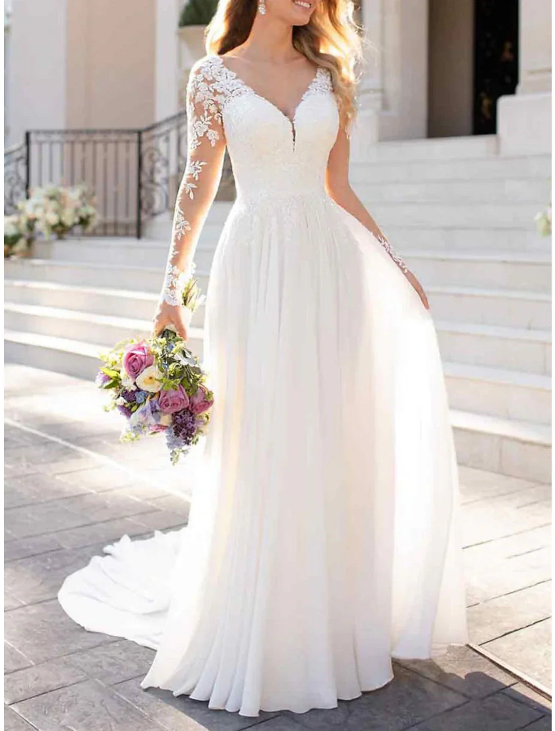 Wedding Guest Wedding Party Sweep / Brush Train Long Sleeve V Neck with Appliques