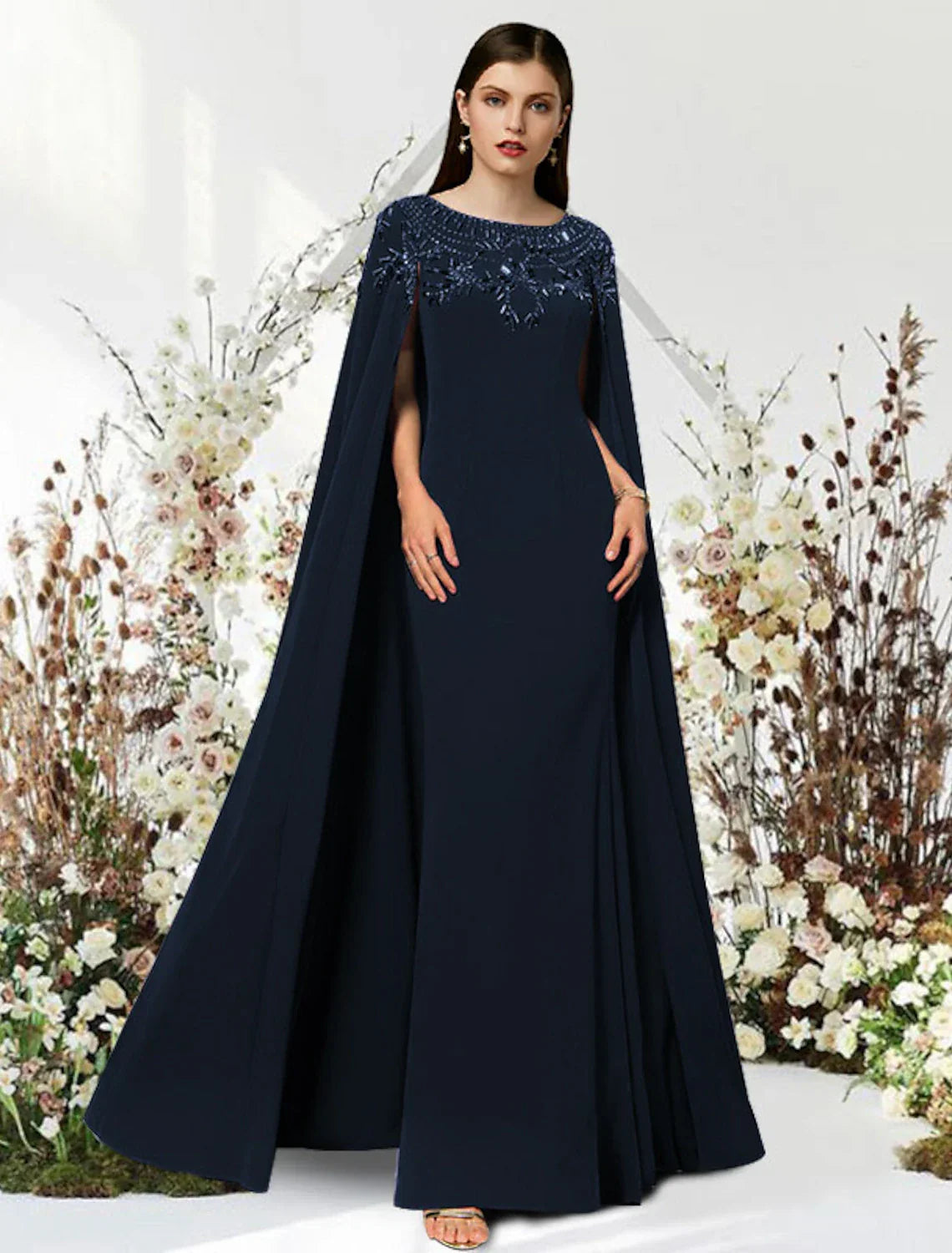 Sheath / Column Prom Dresses Empire Dress Engagement Sweep / Brush Train Sleeveless Jewel Neck with Beading