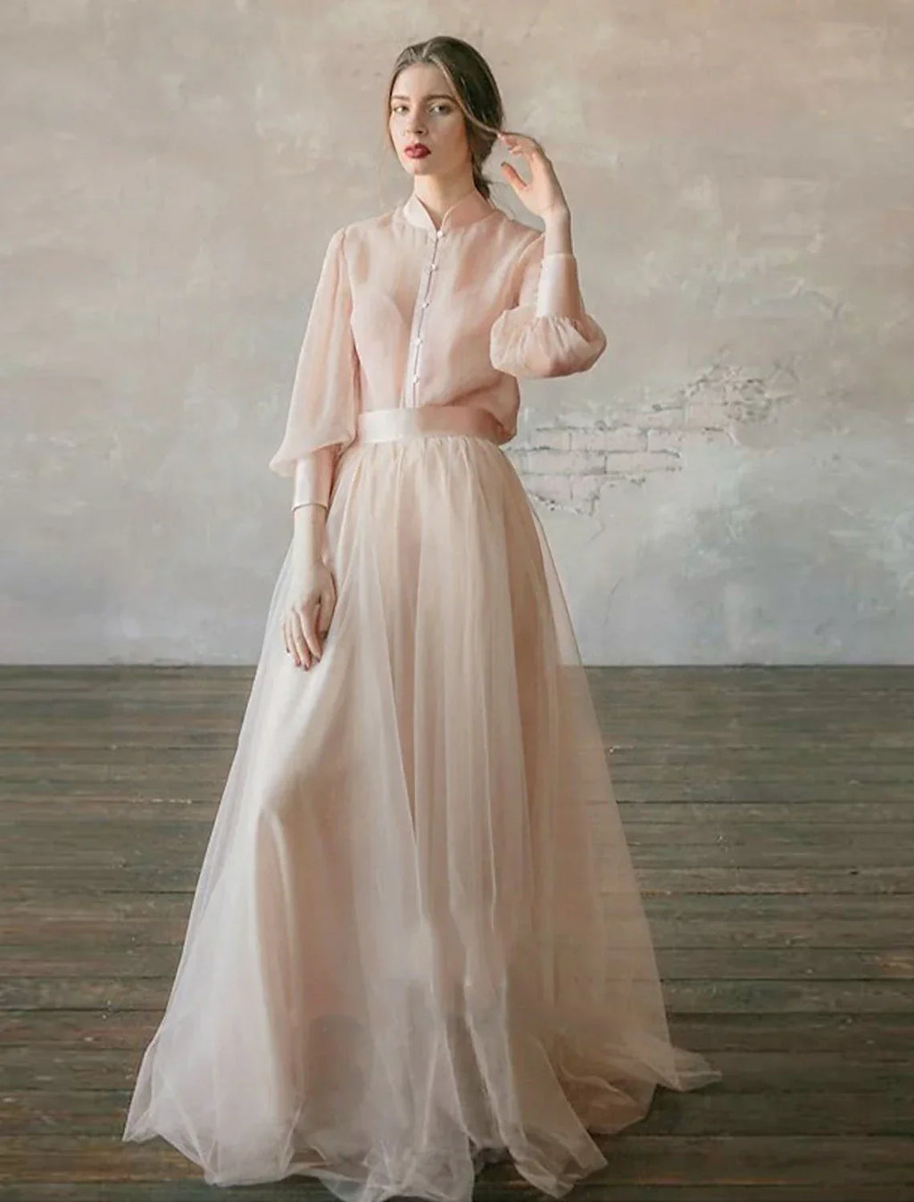 Two Piece Empire Minimalist Wedding Guest Formal Evening Birthday Dress Stand Collar Long Sleeve Floor Length with Tier