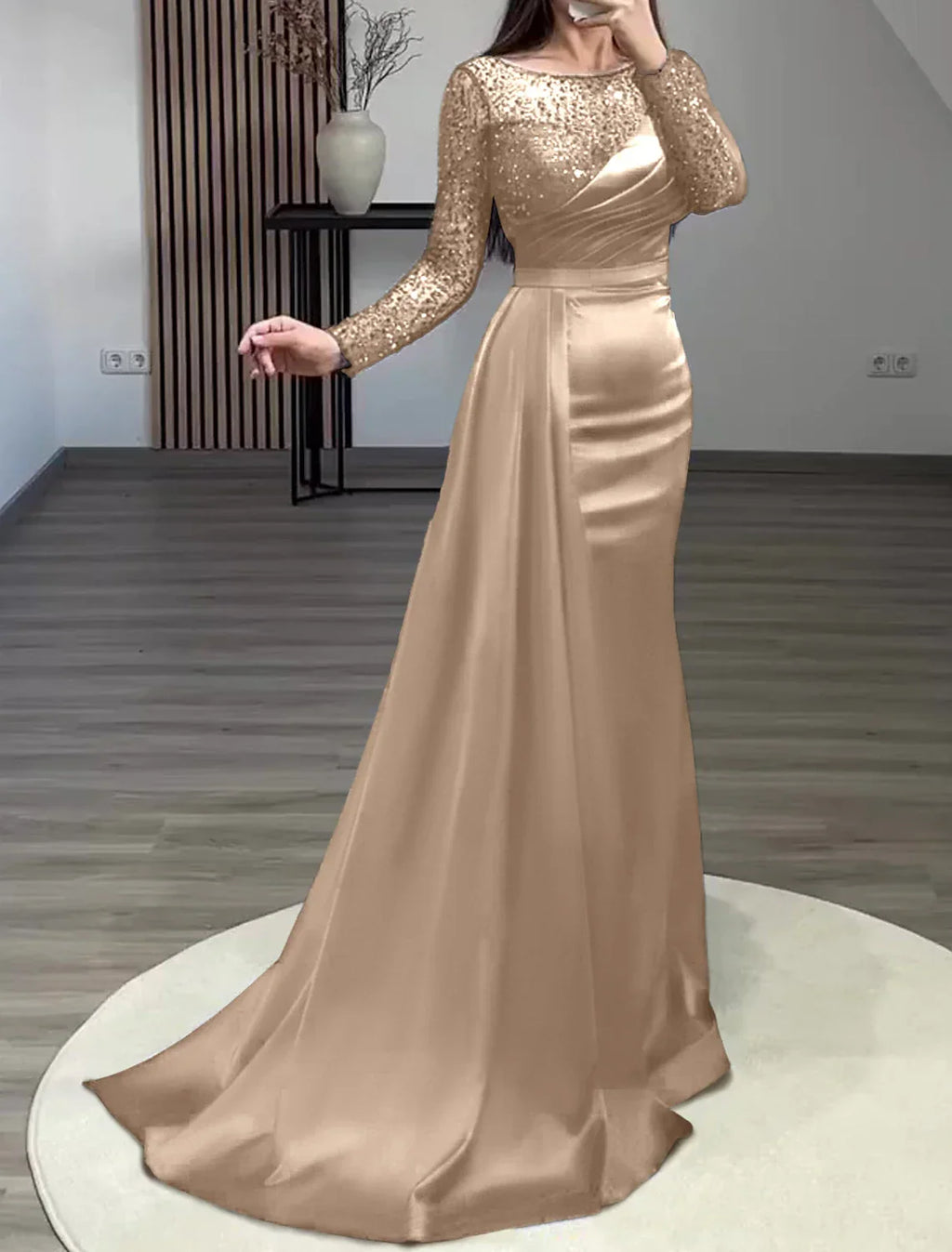 Green Mermaid Dress Evening Gown Christmas Red Dress Formal Wedding Guest Court Train Long Sleeve Jewel Neck Charmeuse with Ruched Pearls