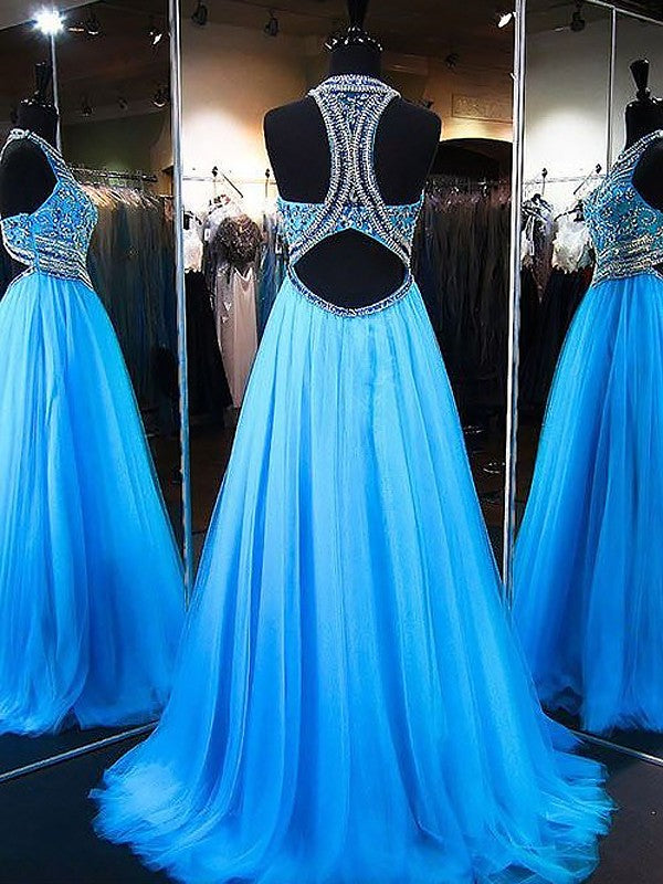 A-Line/Princess Jewel Sleeveless Sweep/Brush Train Beading Dresses