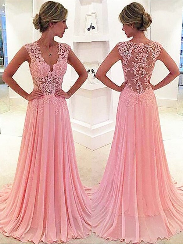 A-Line/Princess Sleeveless V-neck Sweep/Brush Train Dresses