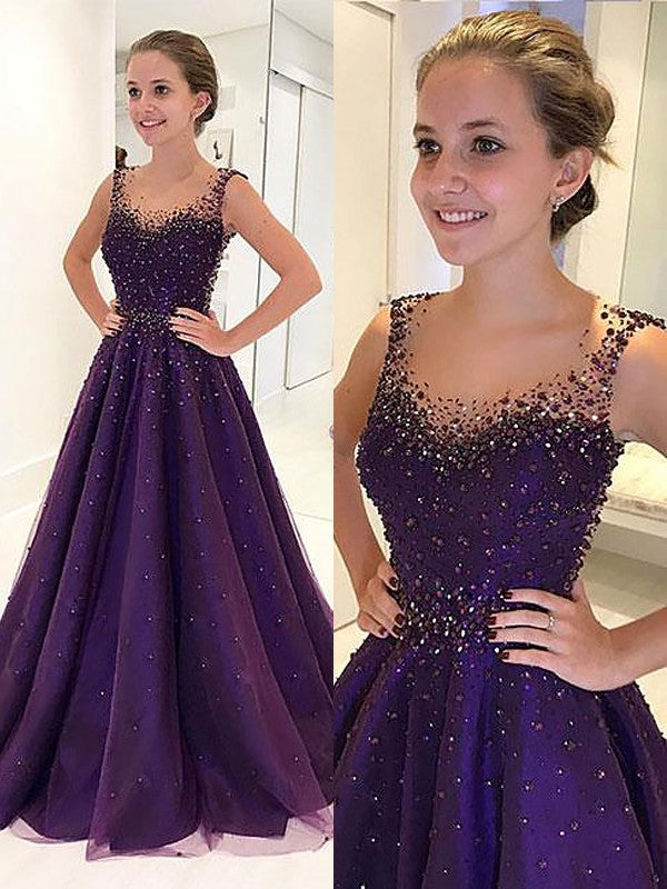 A-Line/Princess Scoop Floor-Length Sleeveless Beading Dresses