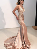 Trumpet/Mermaid Straps V-neck Sleeveless Applique Court Train like Dresses