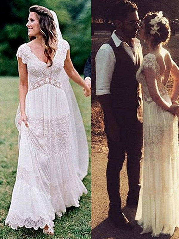 A-Line/Princess V-neck Ruched Short Sleeves Floor-Length Wedding Dresses